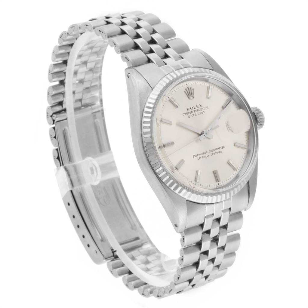 The image shows a Rolex Vintage Collection 1601 Men's Stainless Steel Silver Dial 1601 Men's Stainless Steel Silver Dial model watch displayed at a front-side angle with its face, bezel, and bracelet visible.
