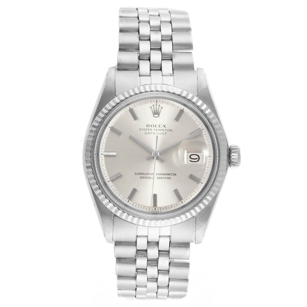 The image shows a front view of the Rolex Vintage Collection 1601 Men's Stainless Steel Silver Dial 1601 Men's Stainless Steel Silver Dial watch, highlighting its dial, bezel, and bracelet.