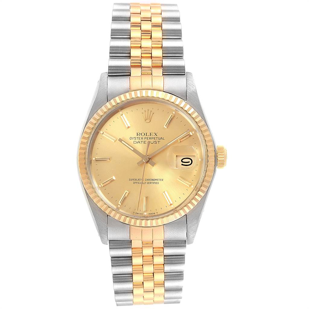 This Rolex Vintage Collection 16013 Men's Stainless Steel Champagne Dial 16013 Men's Stainless Steel Champagne Dial model is shown from a front angle, displaying its gold dial, date window, and two-tone bracelet.