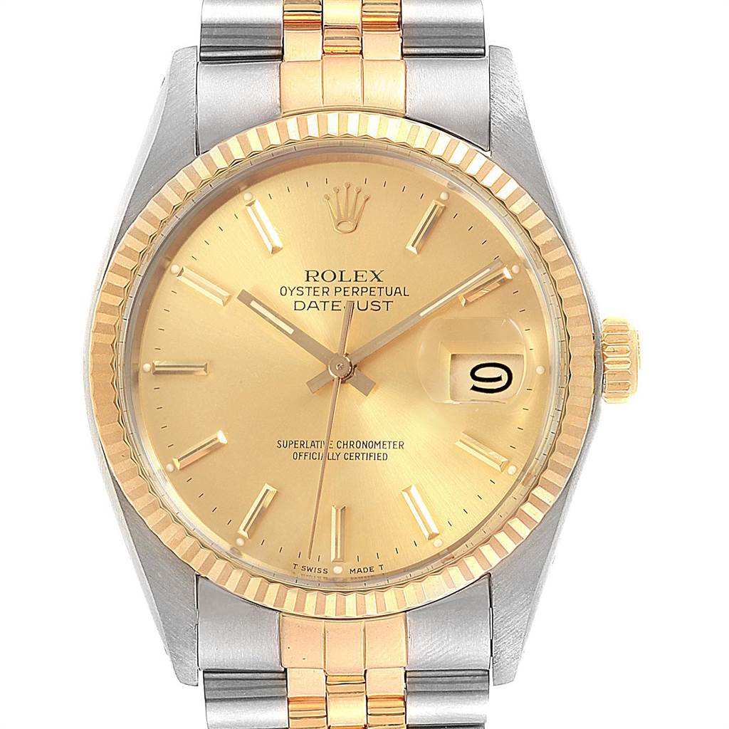 This image shows a front view of the Vintage Collection Rolex Oyster Perpetual Datejust, highlighting its gold dial and two-tone bracelet.