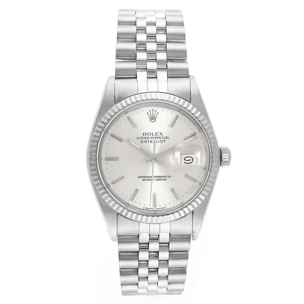 The Rolex Vintage Collection 16014 Men's Stainless Steel Silver Dial 16014 Men's Stainless Steel Silver Dial watch is shown from a top-down angle, displaying its face, bezel, and bracelet.