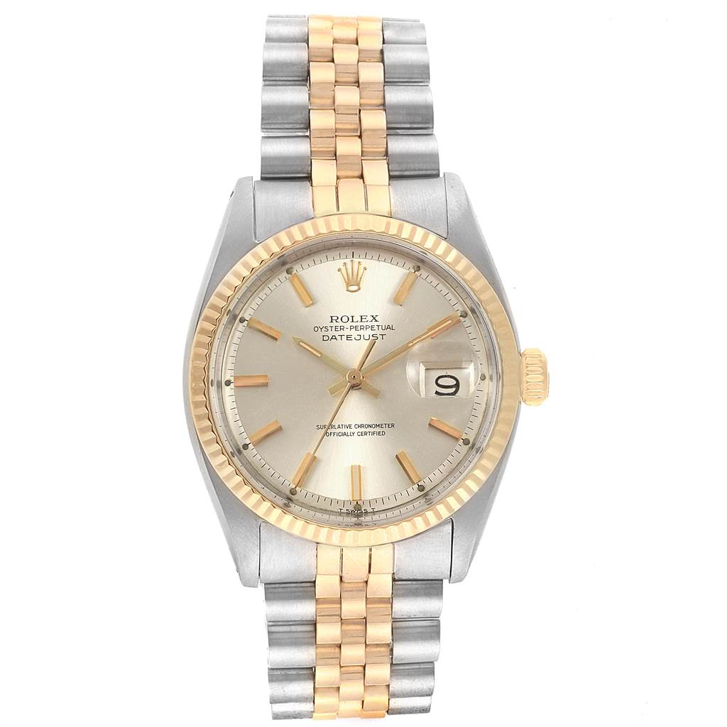 The image shows a front view of a Rolex Vintage Collection 1601 Men's Steel and Gold (two tone) Silver Dial 1601 Men's Steel and Gold (two tone) Silver Dial Oyster Perpetual Datejust watch, displaying its dial, bezel, and two-tone metal strap.