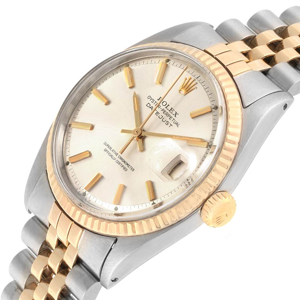 The image shows a close-up, angled view of the Rolex Vintage Collection 1601 Men's Steel and Gold (two tone) Silver Dial 1601 Men's Steel and Gold (two tone) Silver Dial watch, highlighting the dial, bezel, and bracelet. 