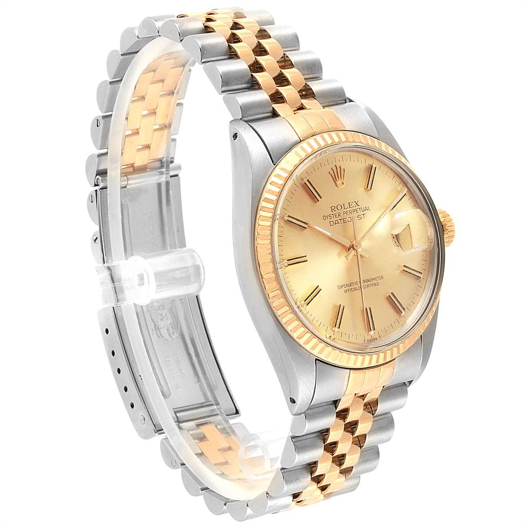 The image shows the Rolex Vintage Collection 16013 Men's Stainless Steel Champagne Dial 16013 Men's Stainless Steel Champagne Dial watch at a side angle, displaying the dial, bezel, crown, and a portion of the bracelet.