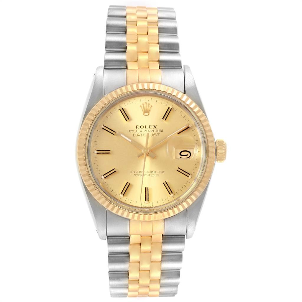 This is a front view of the Rolex Vintage Collection 16013 Men's Stainless Steel Champagne Dial 16013 Men's Stainless Steel Champagne Dial model, showing the gold and silver dial, date window, and two-tone bracelet.