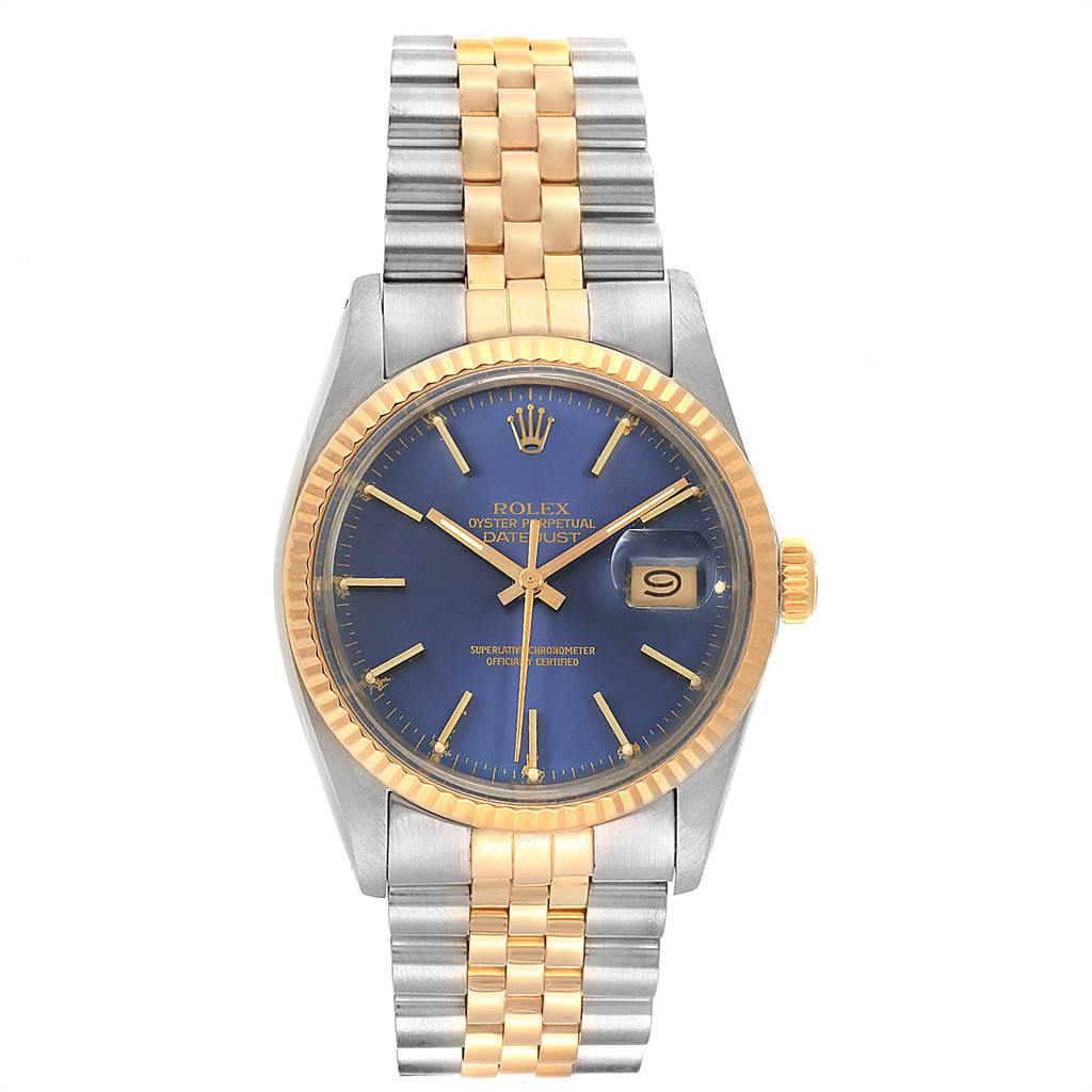 The image shows a front view of the Rolex Vintage Collection 16013 Men's Stainless Steel Blue Dial 16013 Men's Stainless Steel Blue Dial watch, displaying its face, bezel, and bracelet.