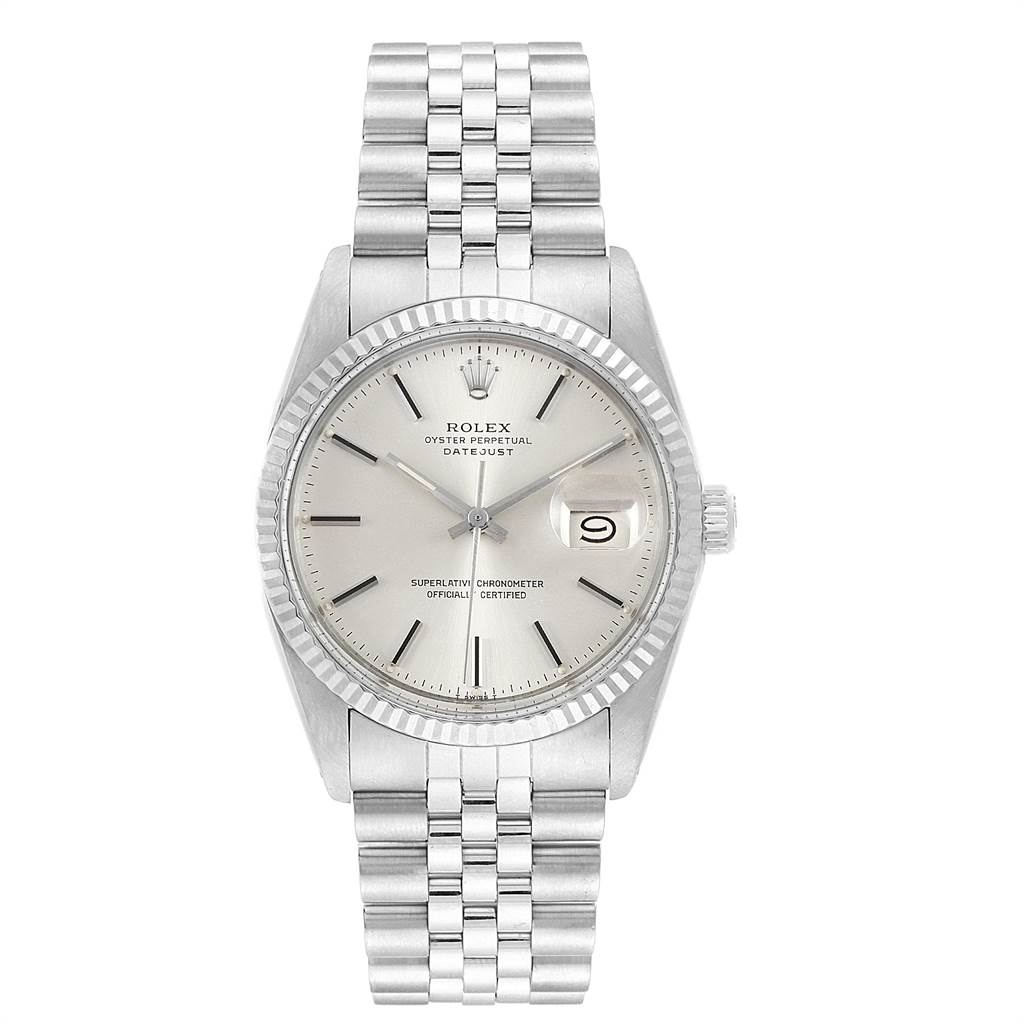 The image shows a front view of the Rolex Vintage Collection 16014 Men's Stainless Steel Silver Dial 16014 Men's Stainless Steel Silver Dial Datejust watch, displaying the dial, bezel, crown, and bracelet.