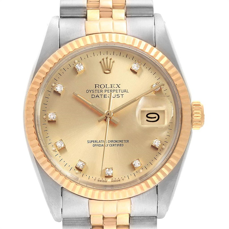 Rolex Datejust Steel Yellow Gold Diamond Dial Vintage Mens Watch 16013 SwissWatchExpo