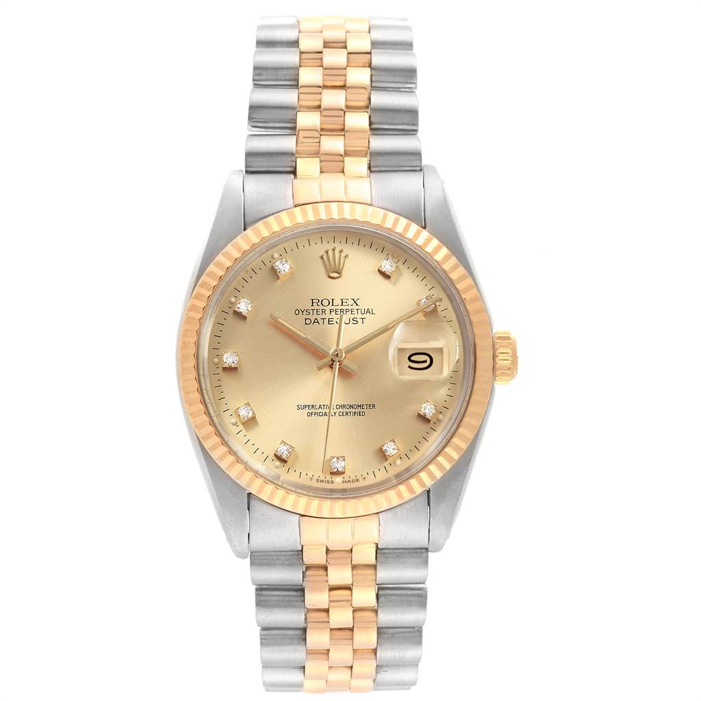 The Rolex Vintage Collection 16013 Men's Stainless Steel Champagne Dial 16013 Men's Stainless Steel Champagne Dial model watch is shown from a front angle, highlighting its two-tone bracelet, gold dial, and date display.