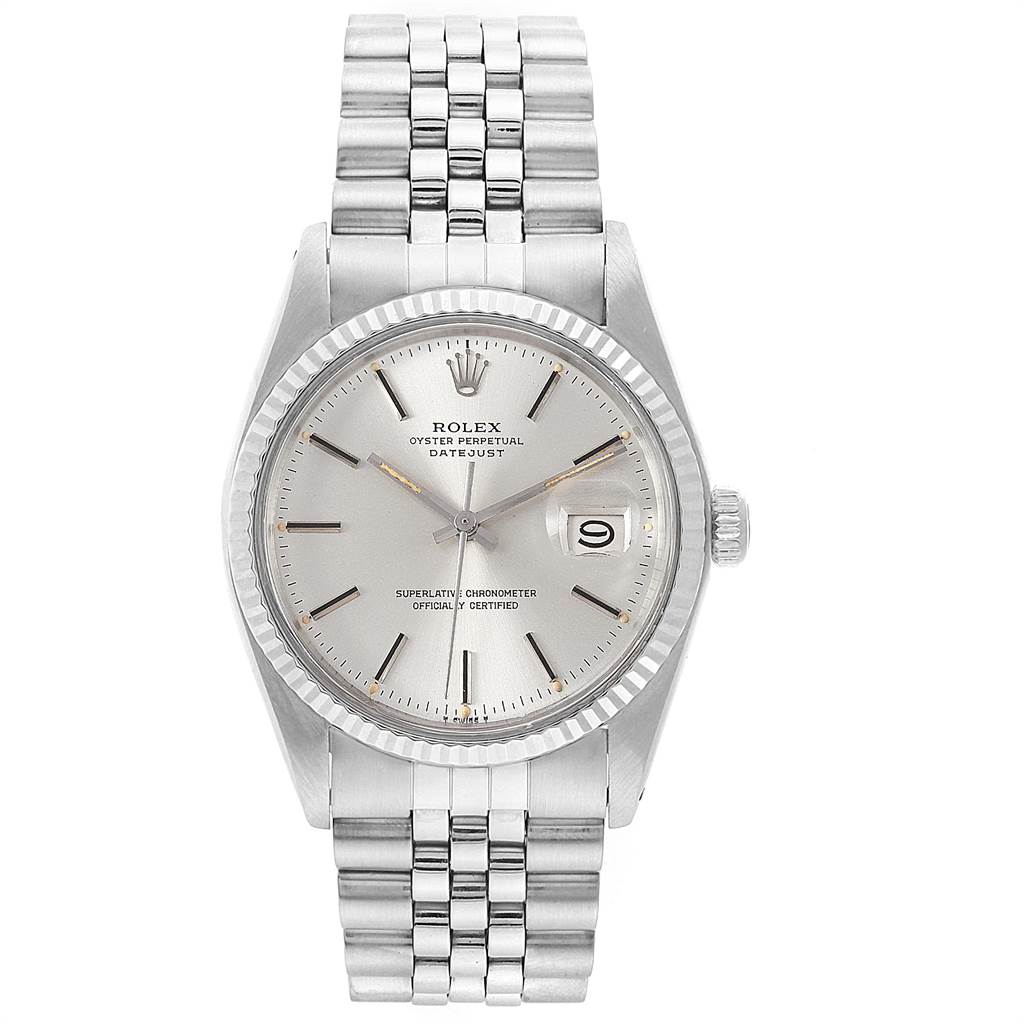 The image shows a front view of the Rolex Vintage Collection 16014 Men's Stainless Steel Silver Dial 16014 Men's Stainless Steel Silver Dial watch with a silver dial and stainless steel bracelet.