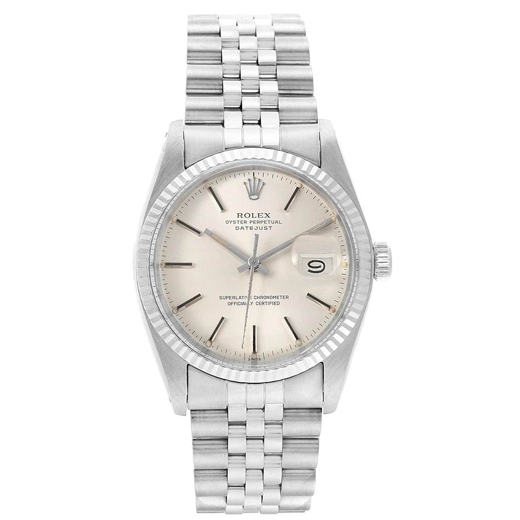 The image shows a frontal view of the Rolex Vintage Collection 16014 Men's Stainless Steel Silver Dial 16014 Men's Stainless Steel Silver Dial Datejust watch, highlighting the dial, bezel, and bracelet.