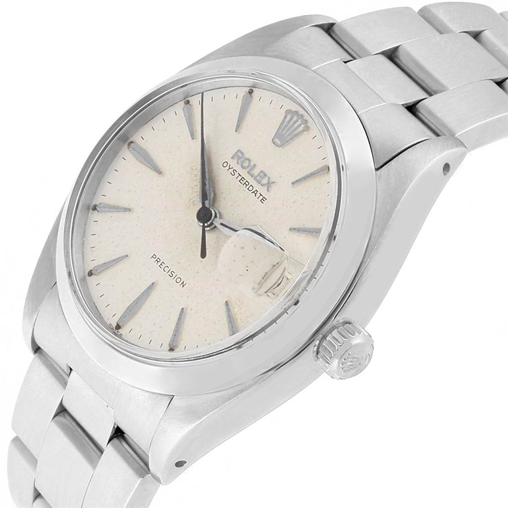 The image shows a front angled view of the Rolex Vintage Collection 6694 Men's Stainless Steel Silver Dial 6694 Men's Stainless Steel Silver Dial Oysterdate watch, highlighting its dial and stainless steel bracelet.
