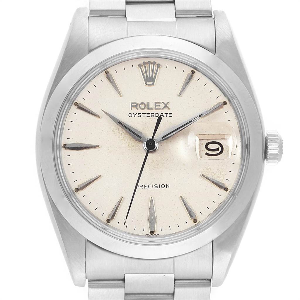 The image shows a frontal view of the Rolex Vintage Collection 6694 Men's Stainless Steel Silver Dial 6694 Men's Stainless Steel Silver Dial Oysterdate watch.