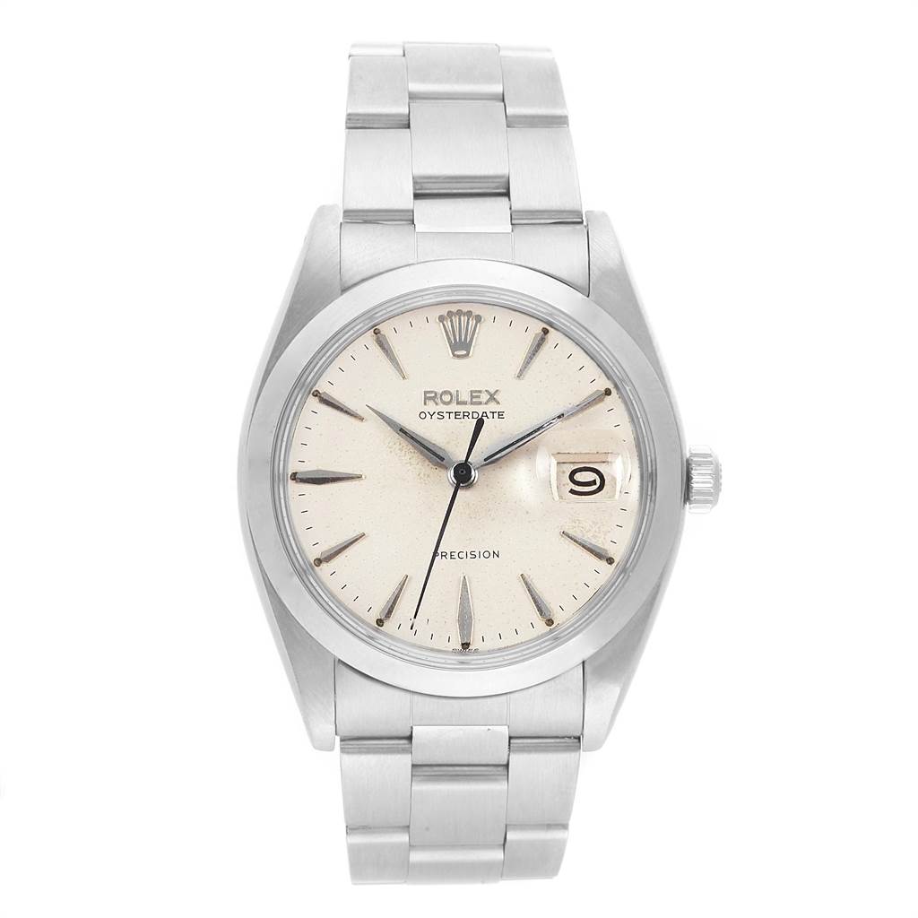 This image shows a front view of the Rolex Vintage Collection 6694 Men's Stainless Steel Silver Dial 6694 Men's Stainless Steel Silver Dial Oysterdate watch, including the face, hands, date window, and bracelet.