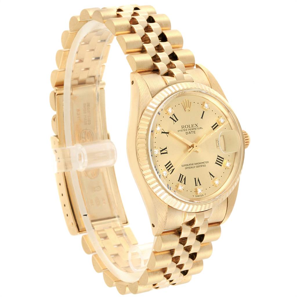 The image shows a side angle of the Rolex Vintage Collection 15037 Men's Yellow Gold Champagne Dial 15037 Men's Yellow Gold Champagne Dial watch, highlighting the gold band, dial, and clasp.