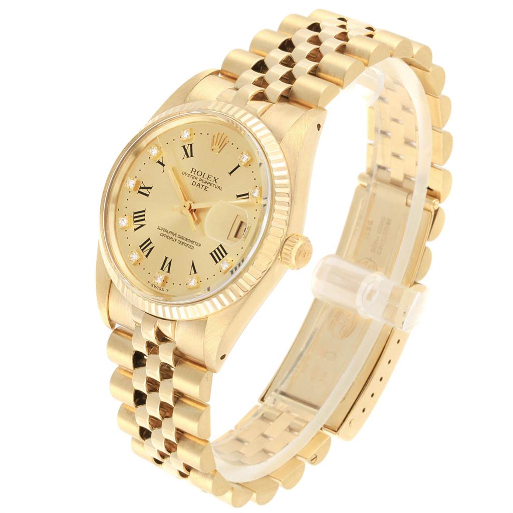 This image shows a Rolex Vintage Collection 15037 Men's Yellow Gold Champagne Dial 15037 Men's Yellow Gold Champagne Dial watch from an angled side view, displaying the face, band, and clasp.