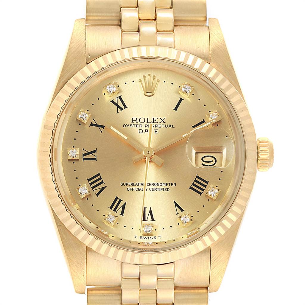 The image shows a frontal view of the Rolex Vintage Collection 15037 Men's Yellow Gold Champagne Dial 15037 Men's Yellow Gold Champagne Dial watch, highlighting the gold dial, Roman numerals, and date display.