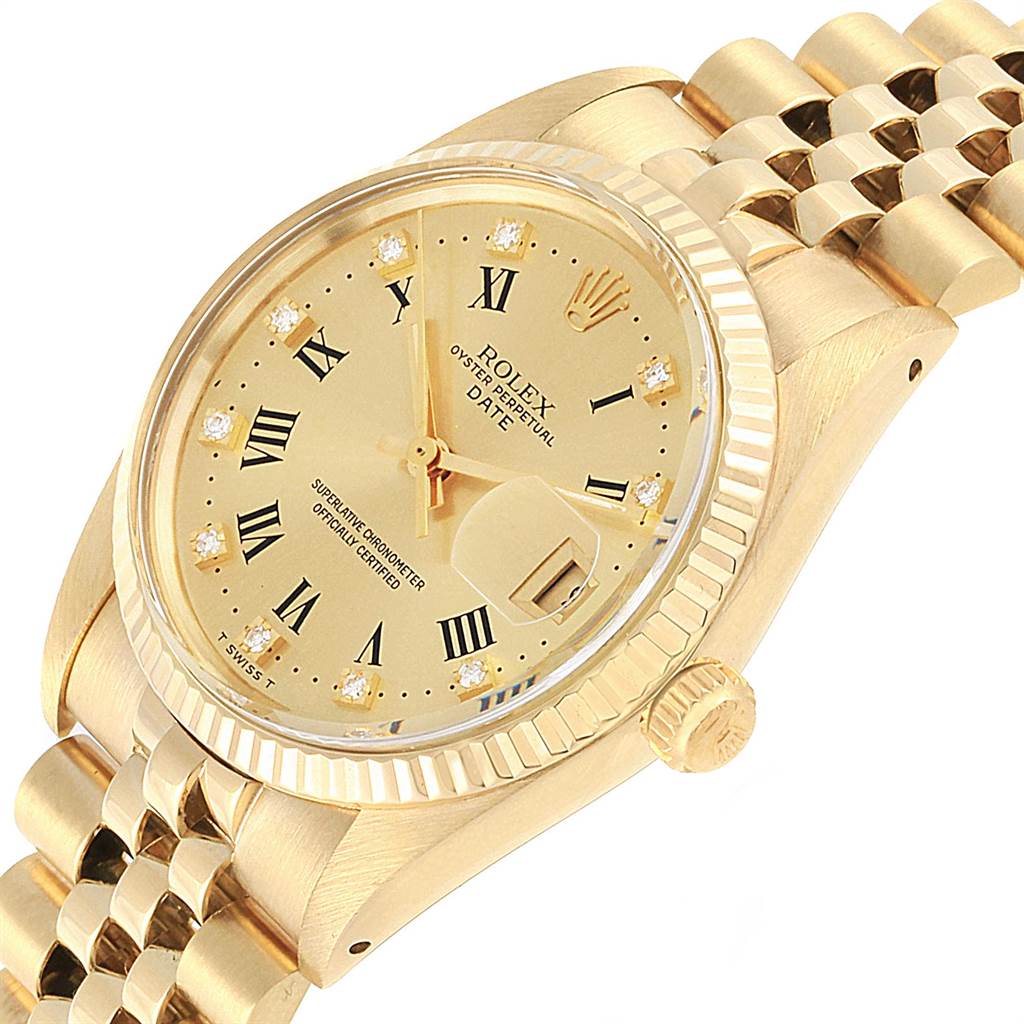 The image shows a Rolex Vintage Collection 15037 Men's Yellow Gold Champagne Dial 15037 Men's Yellow Gold Champagne Dial watch at a slight angle, highlighting the dial, bezel, crown, and part of the bracelet.