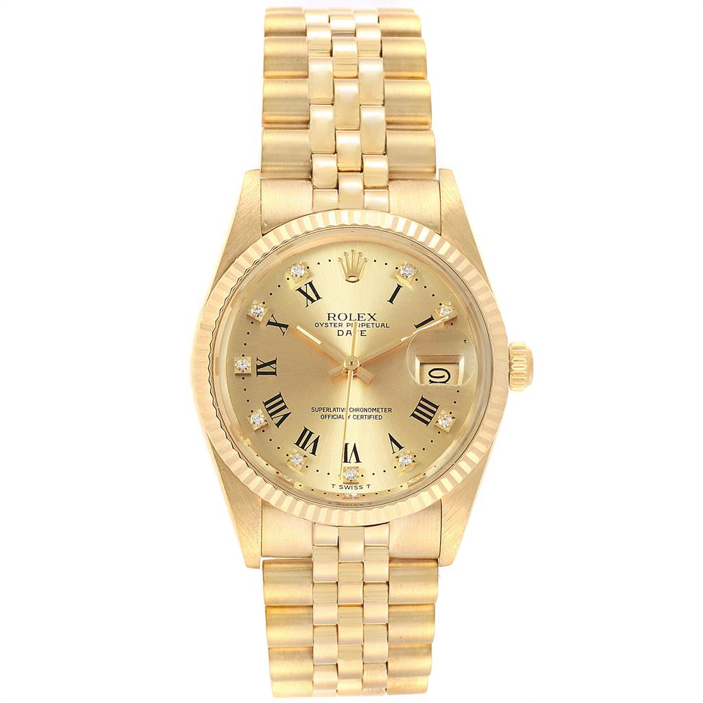 The Rolex Vintage Collection 15037 Men's Yellow Gold Champagne Dial 15037 Men's Yellow Gold Champagne Dial watch is shown from a front angle, displaying its gold face, Roman numerals, and linked bracelet.