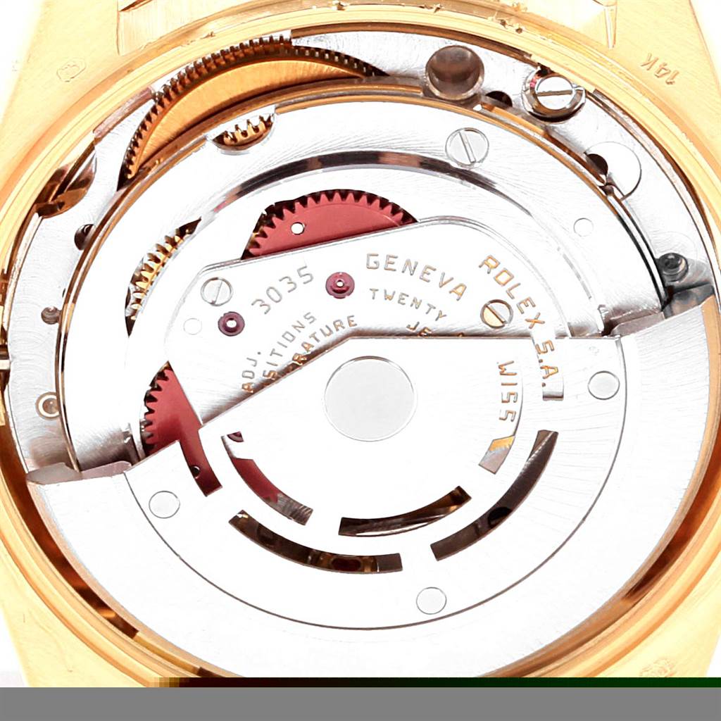 This image shows the internal movement mechanism of the Rolex Vintage Collection 15037 Men's Yellow Gold Champagne Dial 15037 Men's Yellow Gold Champagne Dial watch from a close-up, top-down angle.