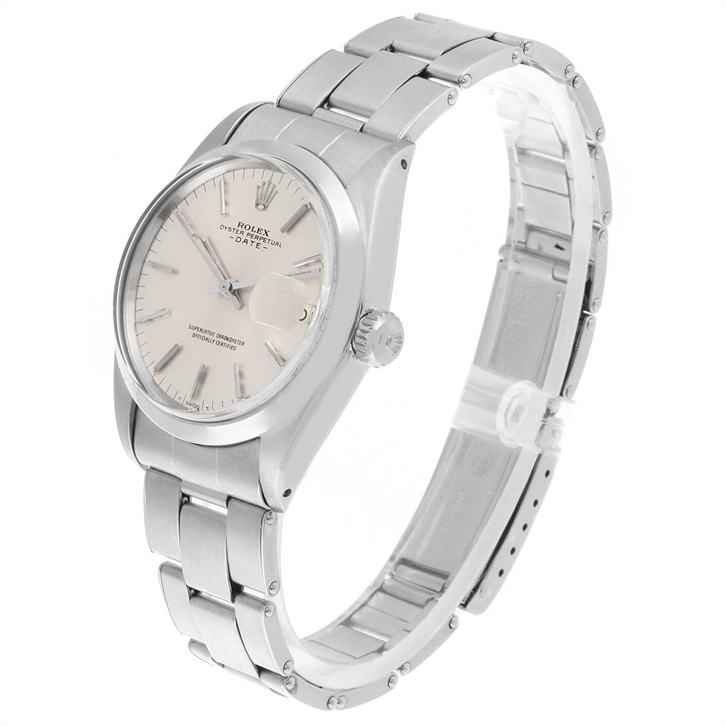 This image shows a Rolex Vintage Collection 1500 Men's Stainless Steel Silver Dial 1500 Men's Stainless Steel Silver Dial model watch at a slight angle, highlighting the face, crown, and bracelet.