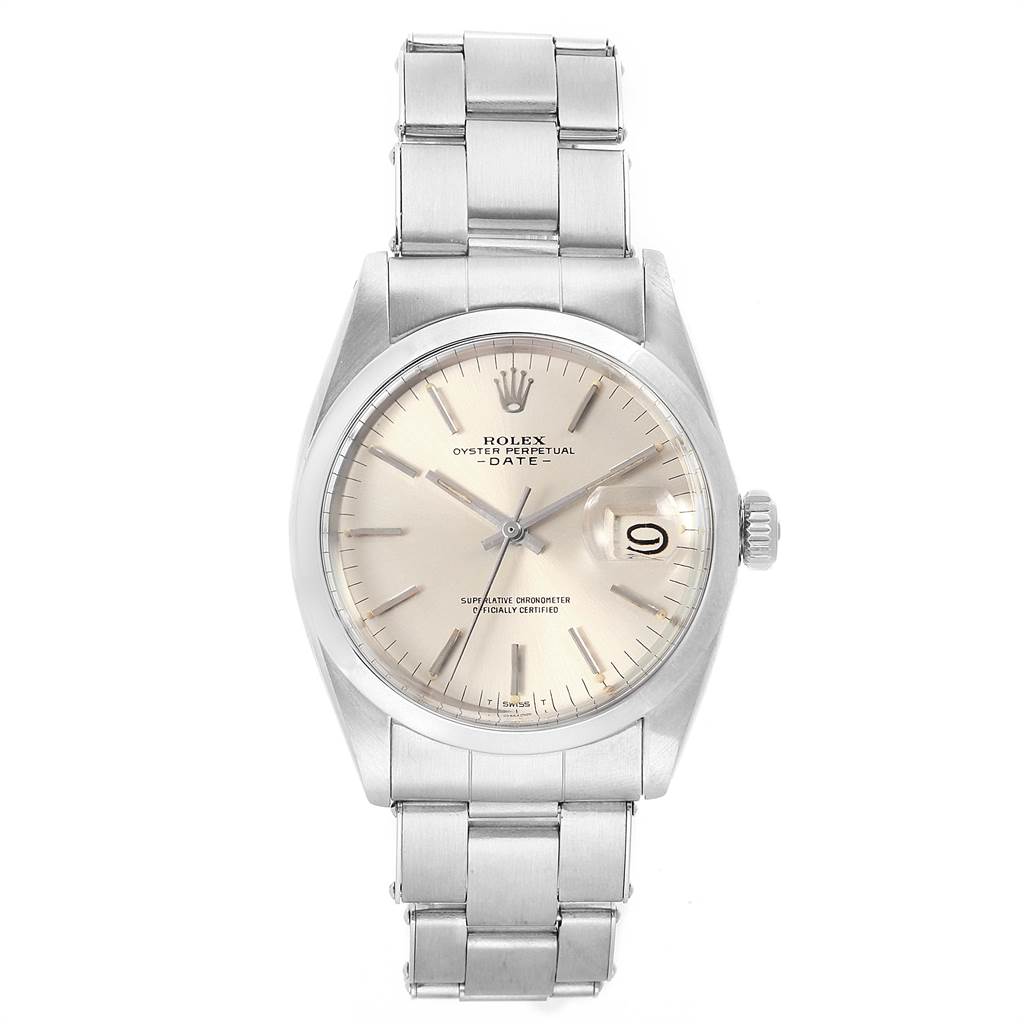 This image shows a front view of a Rolex Vintage Collection 1500 Men's Stainless Steel Silver Dial 1500 Men's Stainless Steel Silver Dial watch, featuring its silver dial, date function, and metal bracelet.