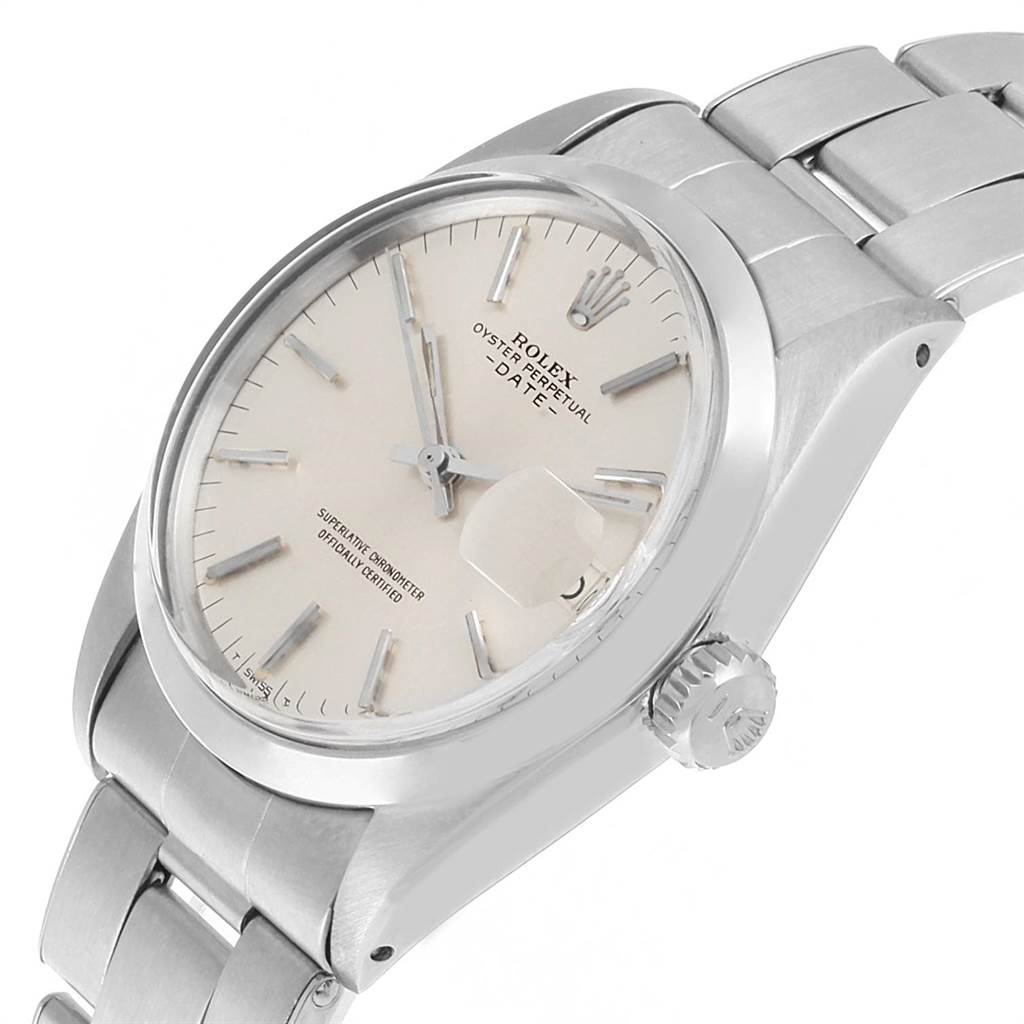 The Rolex Vintage Collection 1500 Men's Stainless Steel Silver Dial 1500 Men's Stainless Steel Silver Dial watch is shown from a three-quarter top angle, highlighting the face, bezel, crown, and bracelet.
