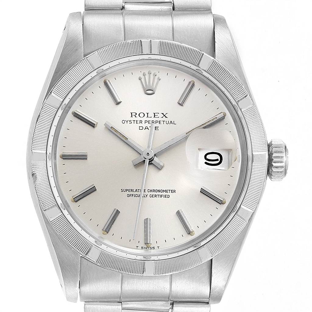 This is a frontal view of the Rolex Vintage Collection 1501 Men's Stainless Steel Silver Dial 1501 Men's Stainless Steel Silver Dial model, displaying the dial, crown, and bracelet.