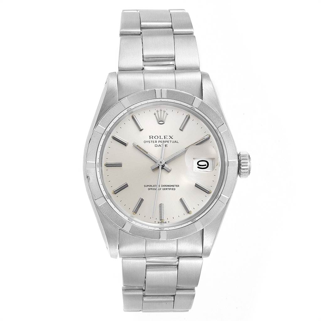 The image shows a front view of a Rolex Vintage Collection 1501 Men's Stainless Steel Silver Dial 1501 Men's Stainless Steel Silver Dial model watch, including the face, bezel, and metal bracelet.