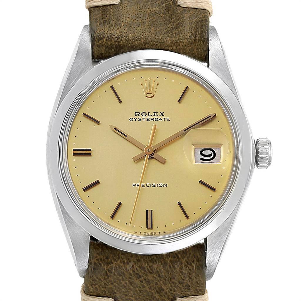 This image shows a front view of a Vintage Collection Rolex Oysterdate watch displaying its face, bezel, and part of the strap.