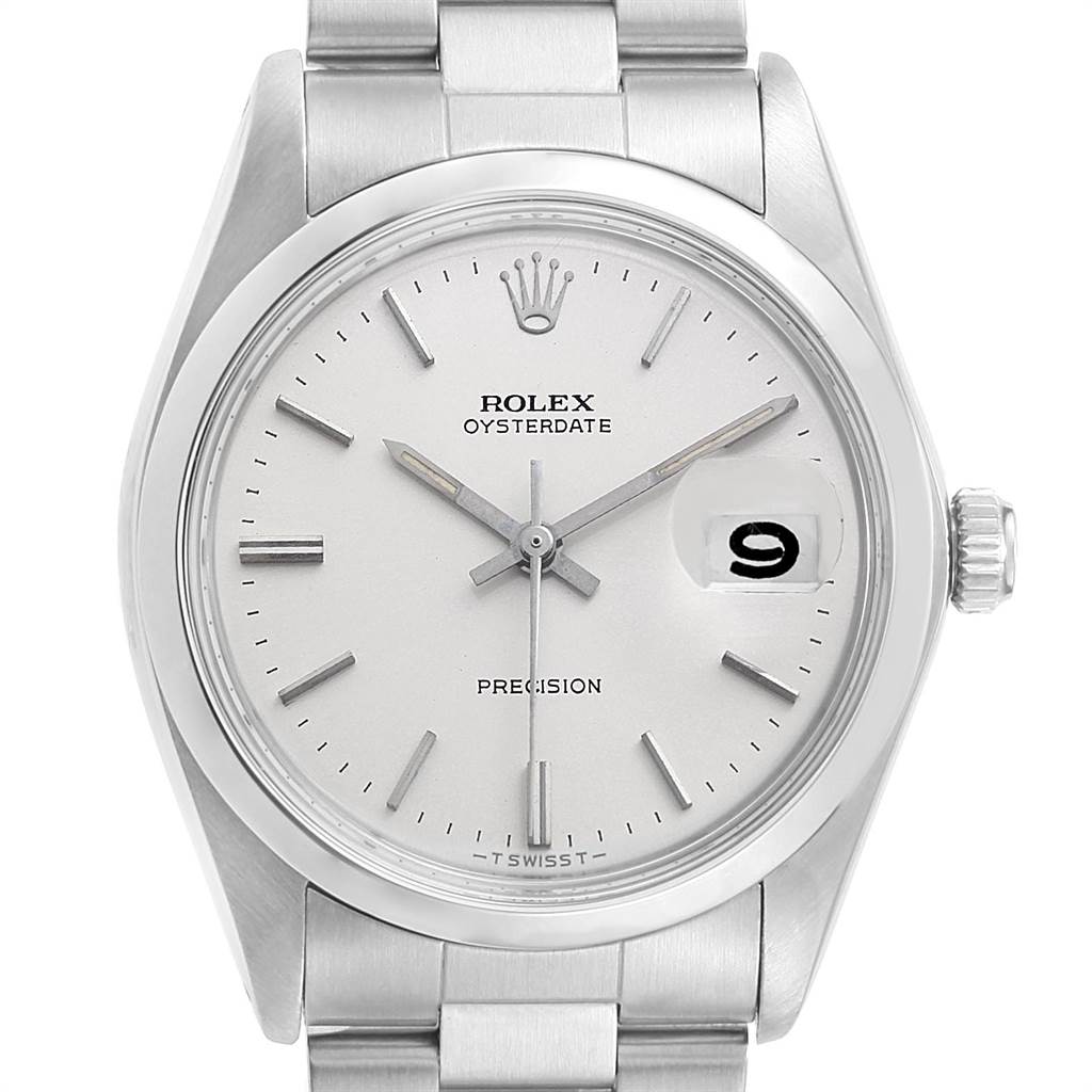 The image shows a front angle of the Rolex Vintage Collection 6694 Men's Stainless Steel Silver Dial 6694 Men's Stainless Steel Silver Dial Oysterdate watch, highlighting the dial, hands, date window, and crown.
