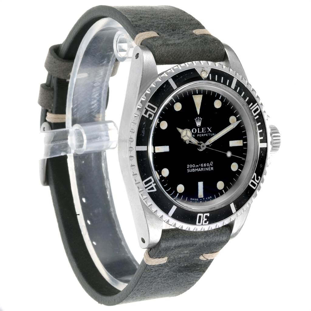 The image shows a left-side angle of the Rolex Vintage Collection 5513 Men's Stainless Steel Black Dial 5513 Men's Stainless Steel Black Dial Submariner, highlighting its black dial, bezel, and leather strap.