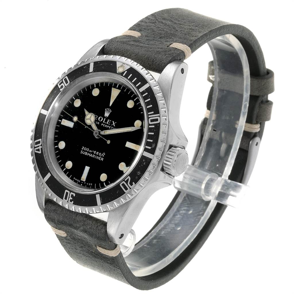 The Rolex Vintage Collection 5513 Men's Stainless Steel Black Dial 5513 Men's Stainless Steel Black Dial model is shown at a three-quarter angle, displaying the face, bezel, crown, and leather strap.