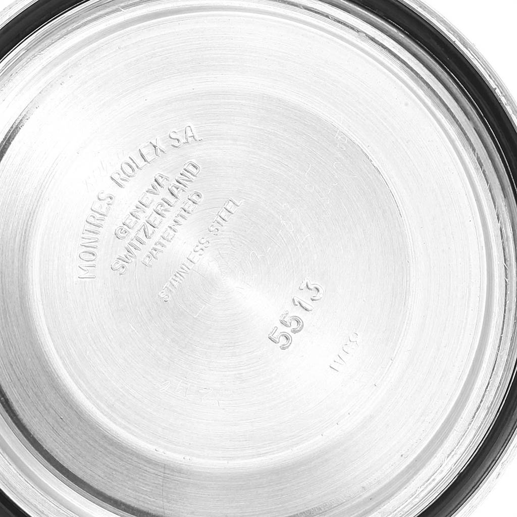 This image shows the engraved stainless steel case back of a Rolex Vintage Collection 5513 Men's Stainless Steel Black Dial 5513 Men's Stainless Steel Black Dial model, viewed from the inside.