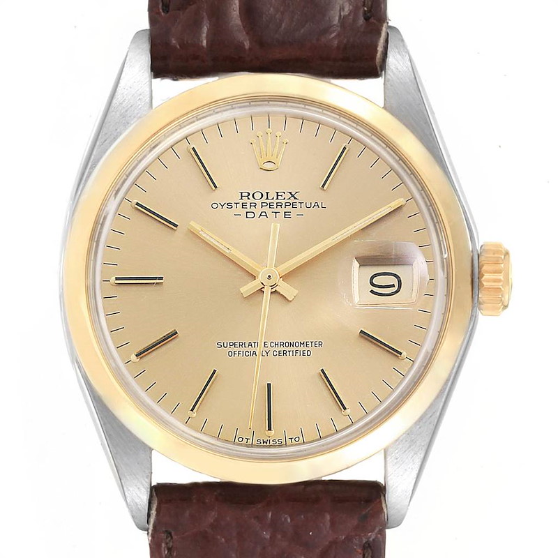 Rolex Date Steel Yellow Gold Brown Strap Vintage Mens Watch 1500 SwissWatchExpo