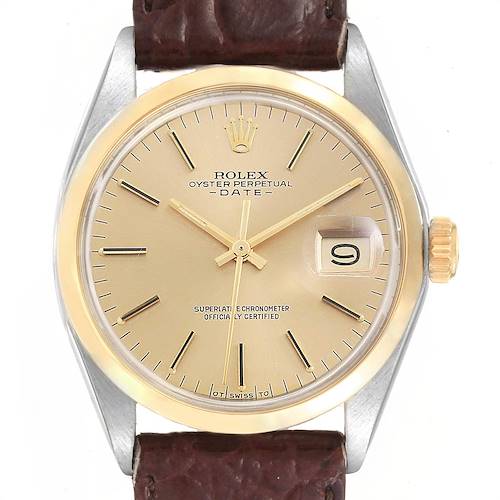 Photo of Rolex Date Steel Yellow Gold Brown Strap Vintage Mens Watch 1500