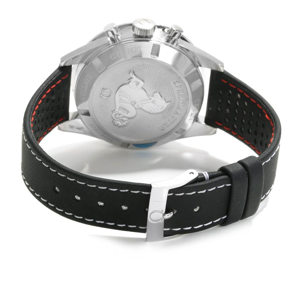 The image shows the back case and strap details of the Omega Speedmaster 311.32.40.30.02.001 Men's Stainless Steel Silver Dial 311.32.40.30.02.001 Men's Stainless Steel Silver Dial watch.