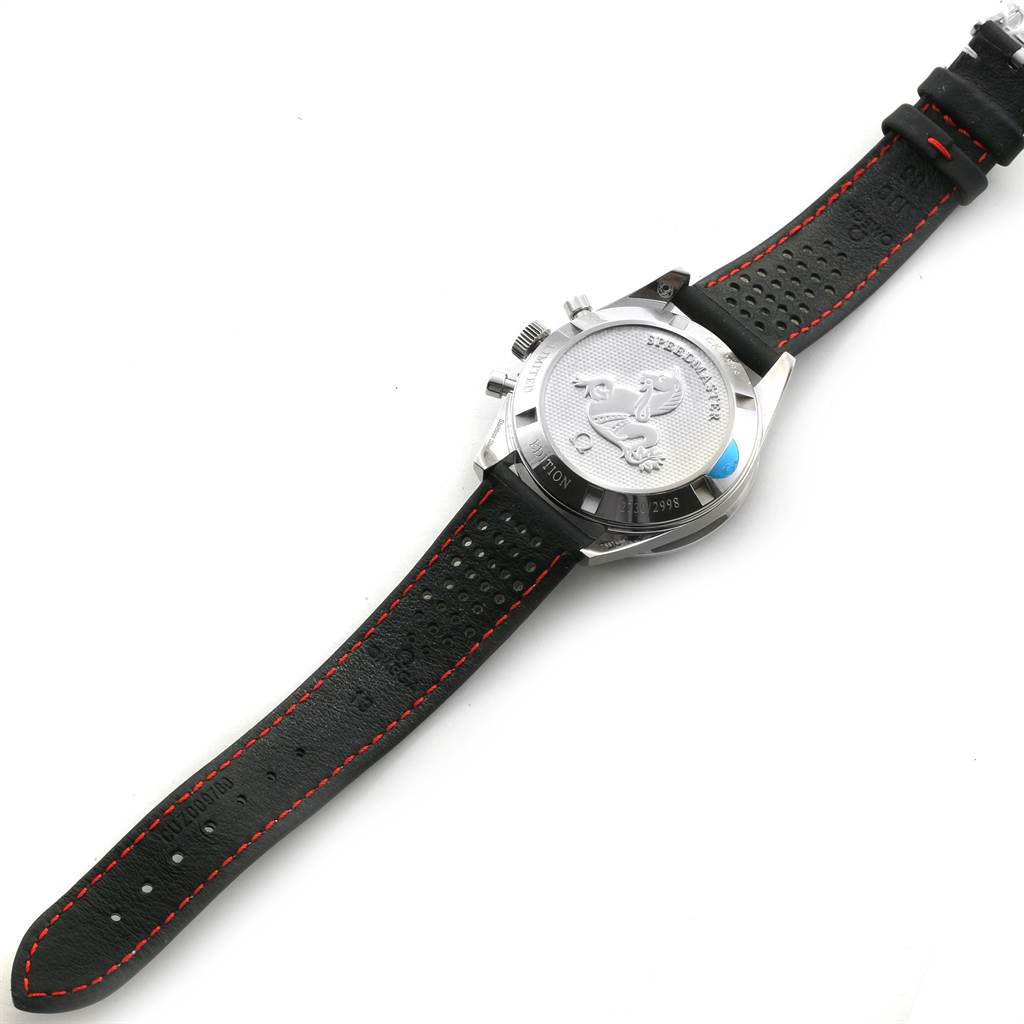 The image shows the back view of an Omega Speedmaster 311.32.40.30.02.001 Men's Stainless Steel Silver Dial 311.32.40.30.02.001 Men's Stainless Steel Silver Dial watch with a black leather strap featuring red stitching.