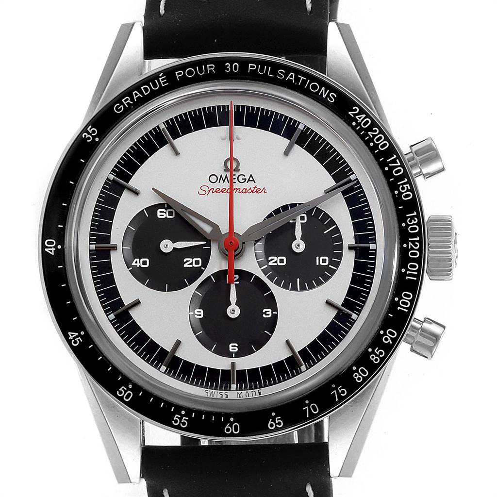 This image shows a front view of the Omega Speedmaster 311.32.40.30.02.001 Men's Stainless Steel Silver Dial 311.32.40.30.02.001 Men's Stainless Steel Silver Dial watch, highlighting the dial, hands, subdials, and bezel.