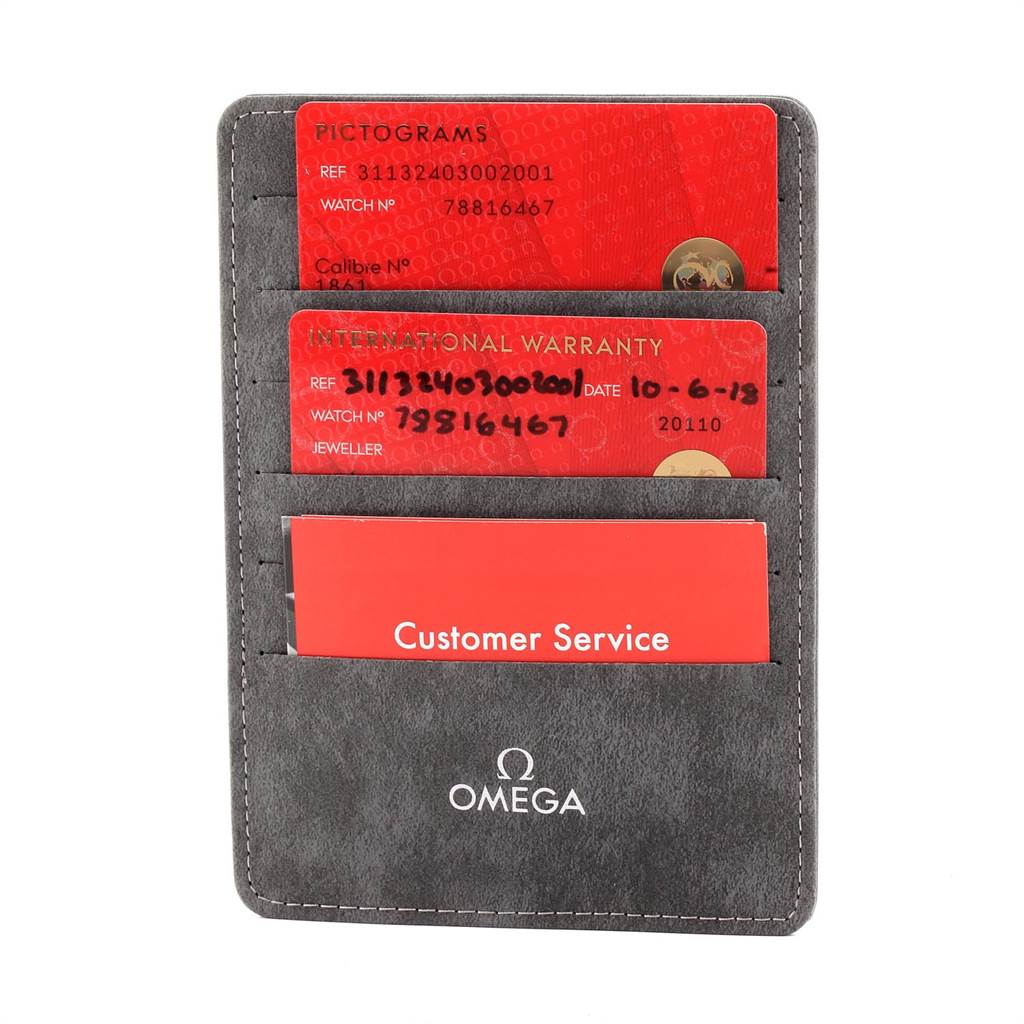 The image shows a card holder with warranty and pictogram cards, along with a Customer Service card for an Omega Speedmaster 311.32.40.30.02.001 Men's Stainless Steel Silver Dial 311.32.40.30.02.001 Men's Stainless Steel Silver Dial watch.