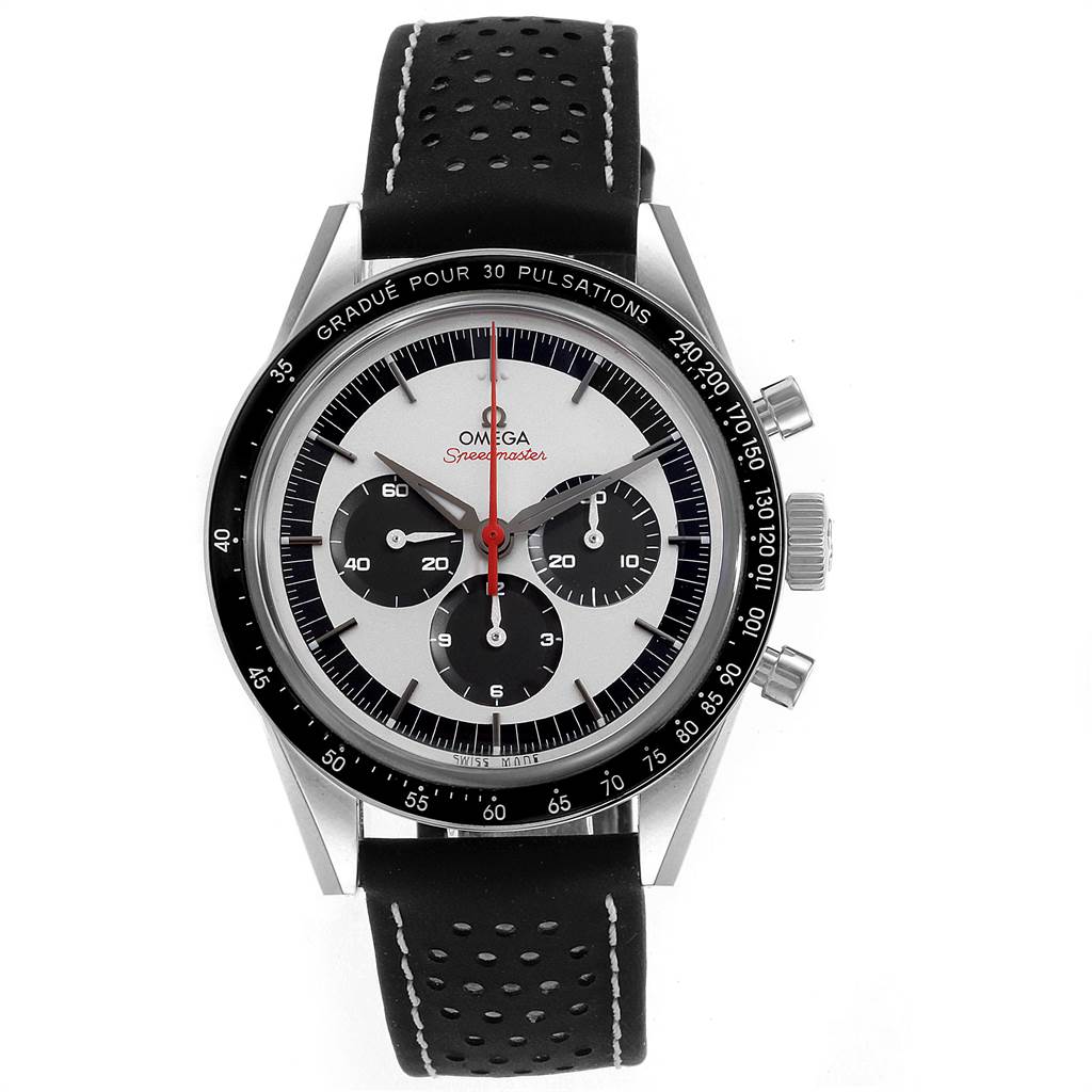 The image shows a front view of the Omega Speedmaster 311.32.40.30.02.001 Men's Stainless Steel Silver Dial 311.32.40.30.02.001 Men's Stainless Steel Silver Dial watch, highlighting its dial, sub-dials, bezel, and black perforated strap.