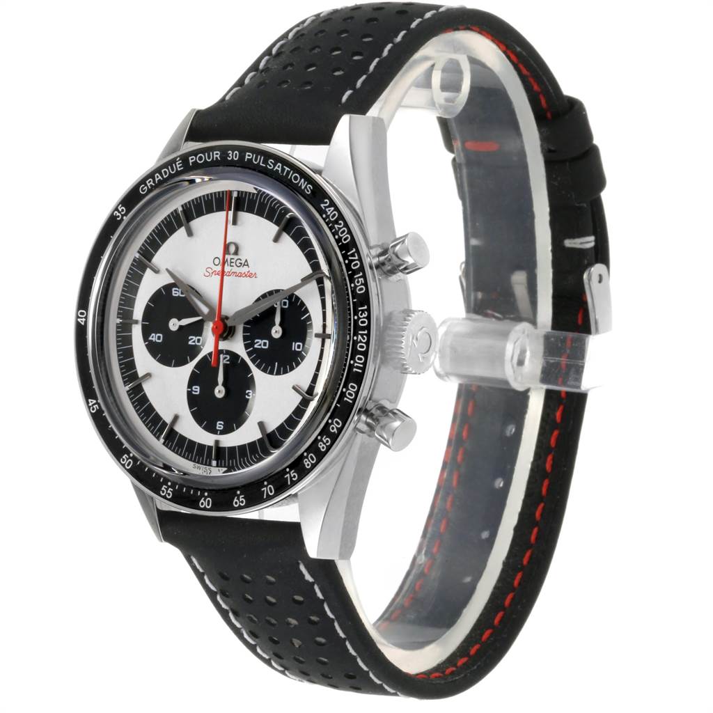 The Omega Speedmaster 311.32.40.30.02.001 Men's Stainless Steel Silver Dial 311.32.40.30.02.001 Men's Stainless Steel Silver Dial watch is shown at an angle displaying the face, bezel, crown, chronograph pushers, and perforated leather strap.
