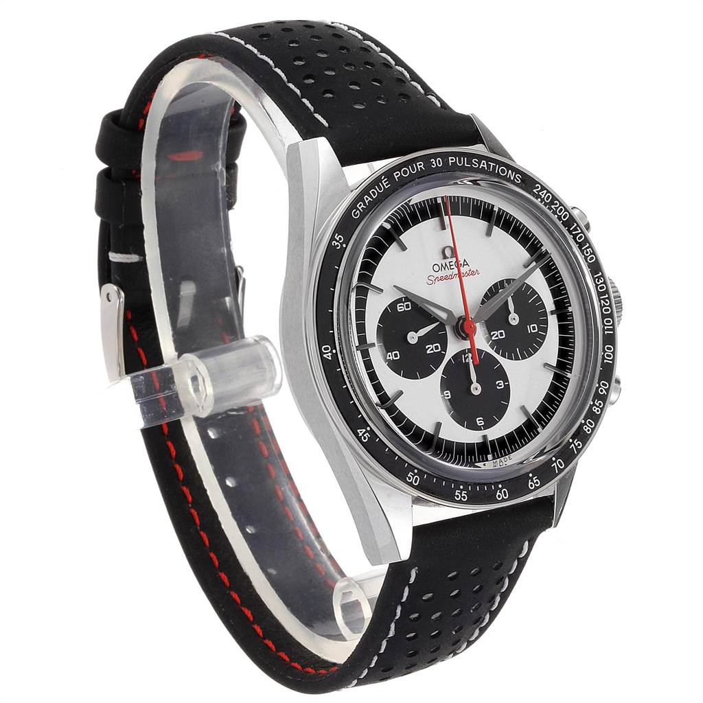 The Omega Speedmaster 311.32.40.30.02.001 Men's Stainless Steel Silver Dial 311.32.40.30.02.001 Men's Stainless Steel Silver Dial watch is shown at an angle, displaying the dial, bezel, and perforated black leather strap.