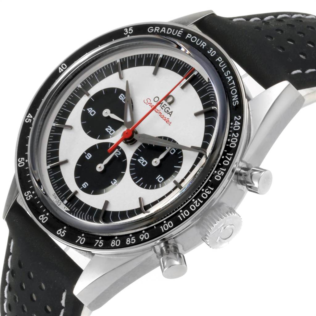 This image shows an angled close-up of the Omega Speedmaster 311.32.40.30.02.001 Men's Stainless Steel Silver Dial 311.32.40.30.02.001 Men's Stainless Steel Silver Dial watch, highlighting the face, bezel, crown, and part of the strap.