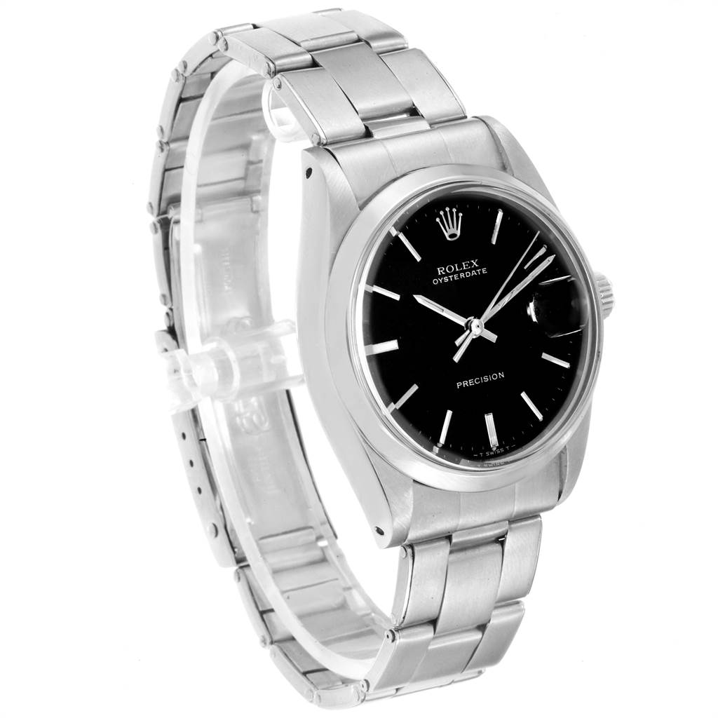 This image shows a front and slight side view of the Rolex Vintage Collection 6694 Men's Stainless Steel Black Dial 6694 Men's Stainless Steel Black Dial watch with its bracelet and clasp visible.