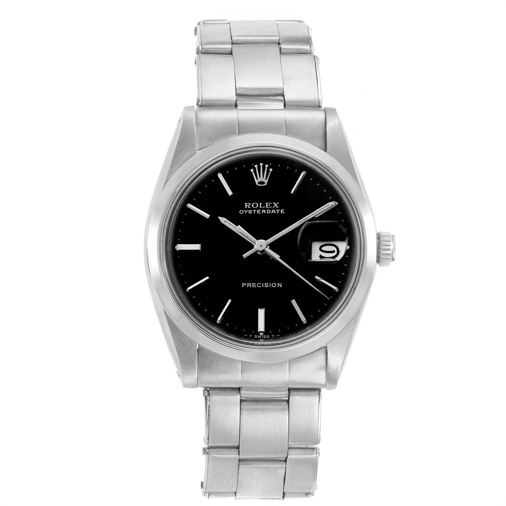 The image shows a front view of the Rolex Vintage Collection 6694 Men's Stainless Steel Black Dial 6694 Men's Stainless Steel Black Dial model, highlighting its black dial, date window, and metal bracelet.