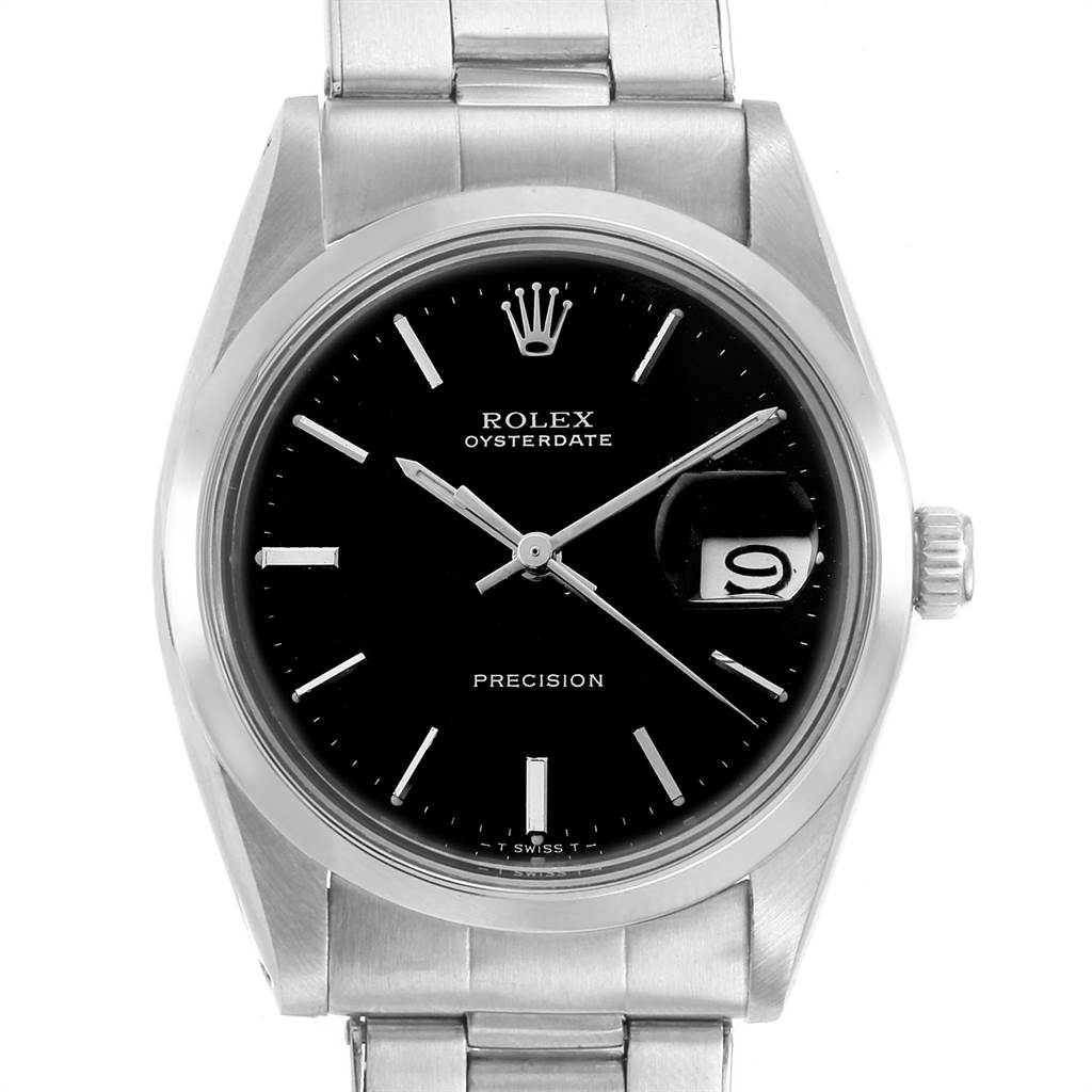 This image shows a frontal view of the Rolex Vintage Collection 6694 Men's Stainless Steel Black Dial 6694 Men's Stainless Steel Black Dial watch, featuring its black dial, date function, and stainless steel band.