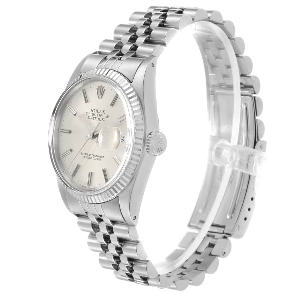 The image shows a Rolex Vintage Collection 16014 Men's Stainless Steel Silver Dial 16014 Men's Stainless Steel Silver Dial Oyster Perpetual Datejust watch at a slight angle displaying the dial, bezel, crown, and Jubilee bracelet.
