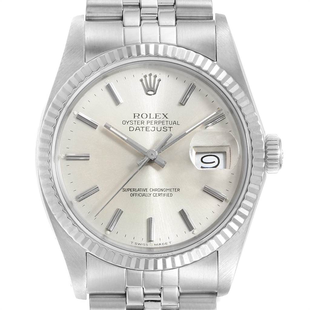 This image shows the front view of a Rolex Vintage Collection 16014 Men's Stainless Steel Silver Dial 16014 Men's Stainless Steel Silver Dial Datejust watch, highlighting the dial, hands, bezel, and bracelet.
