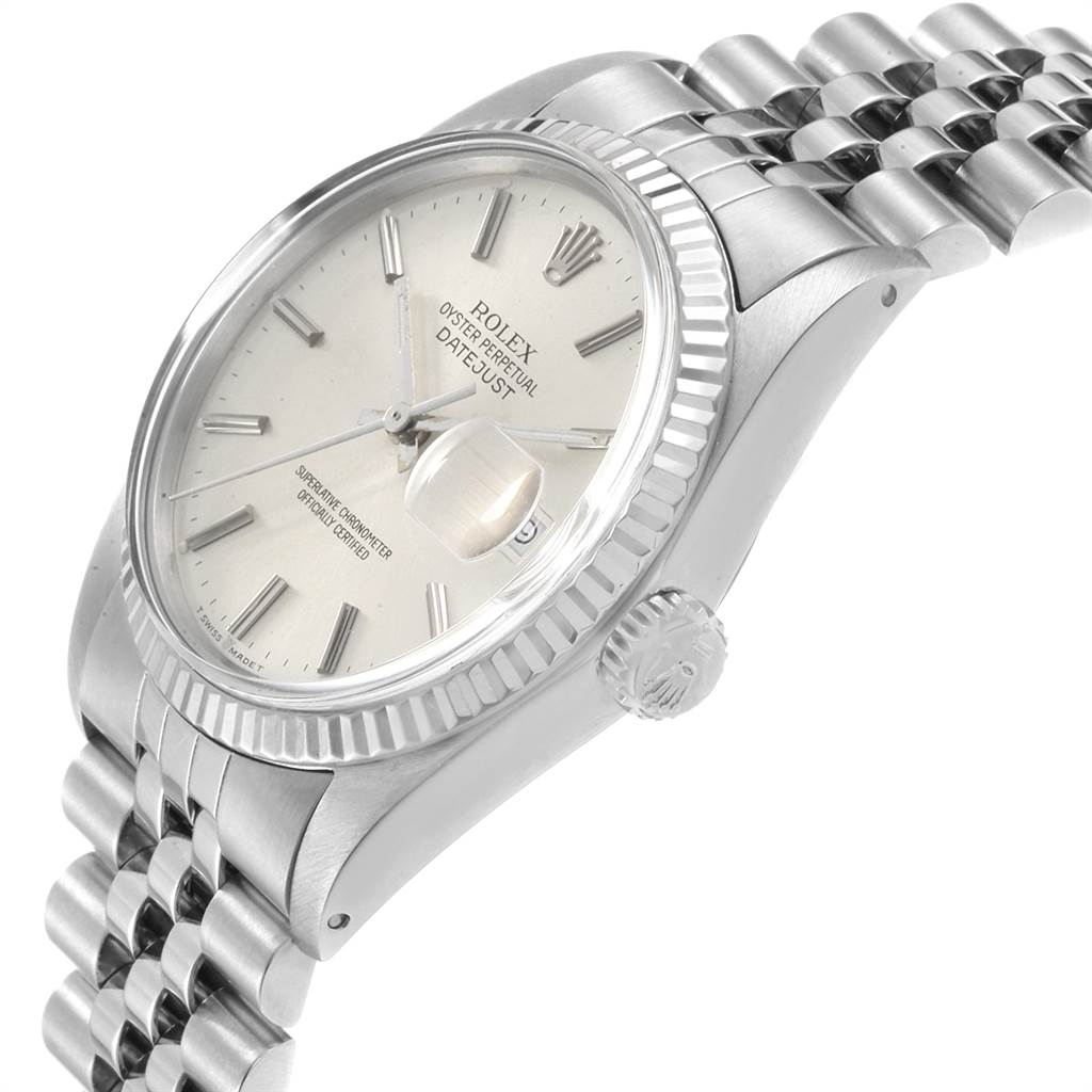 This image shows a side angle of the Rolex Vintage Collection 16014 Men's Stainless Steel Silver Dial 16014 Men's Stainless Steel Silver Dial model, highlighting the crown, dial, and bracelet.